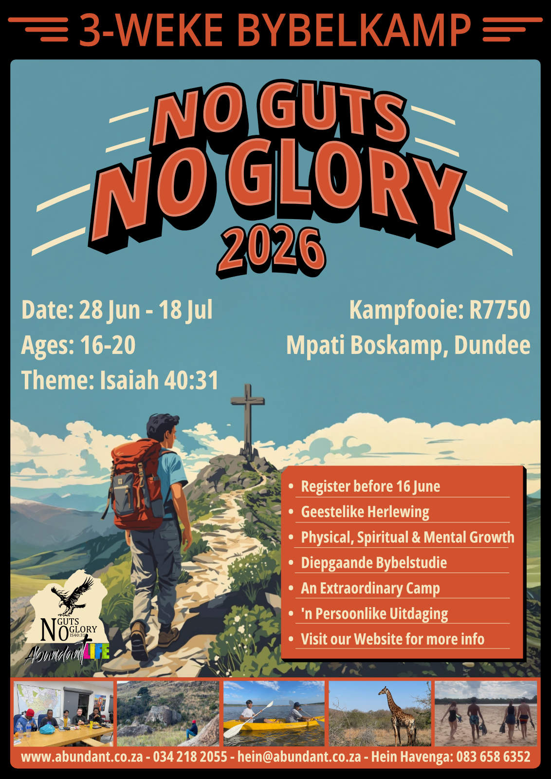 No Guts No Glory 2026 3 Week Bible Camp Abundant Life Flyer